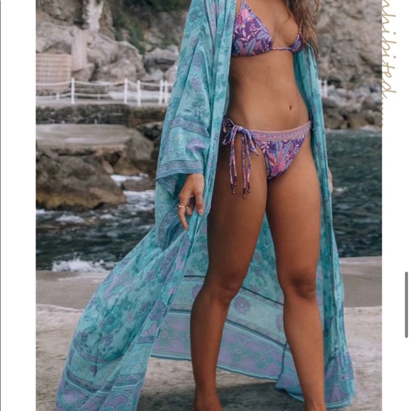 Blue Boho Kimono Floral Gypsy Print Maxi CoverUp - Picture 6 of 11